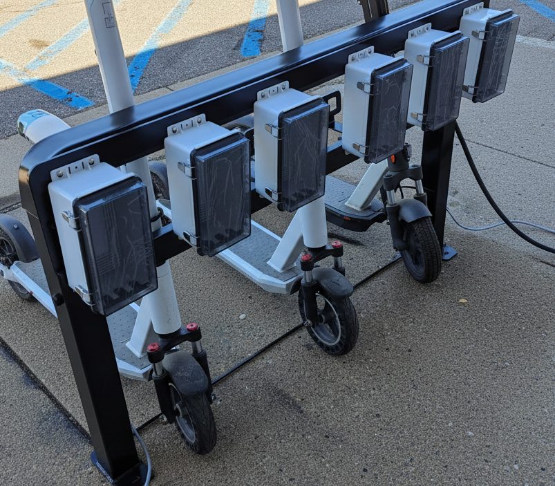 Row of e-scooters docked in a Juise charging rack in a parking lot
