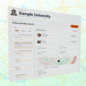 Juise dashboard showing active penalty reports for a university campus