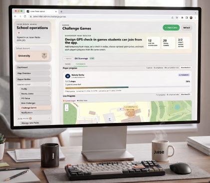 Desktop monitor on a desk displaying the Juise fleet management dashboard
