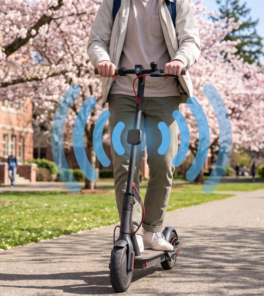 Rider on an e-scooter along a campus path, with signal waves showing connected tracking