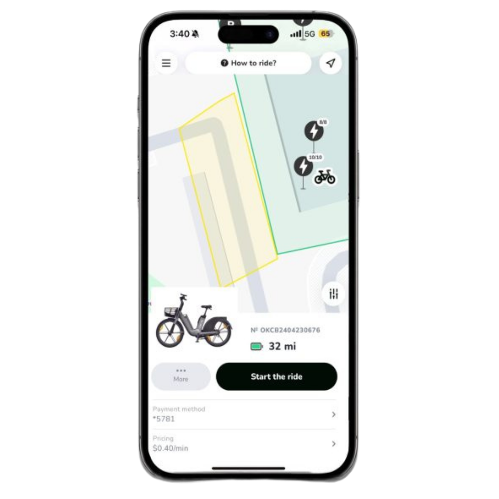 Phone showing the Juise app How to ride map screen