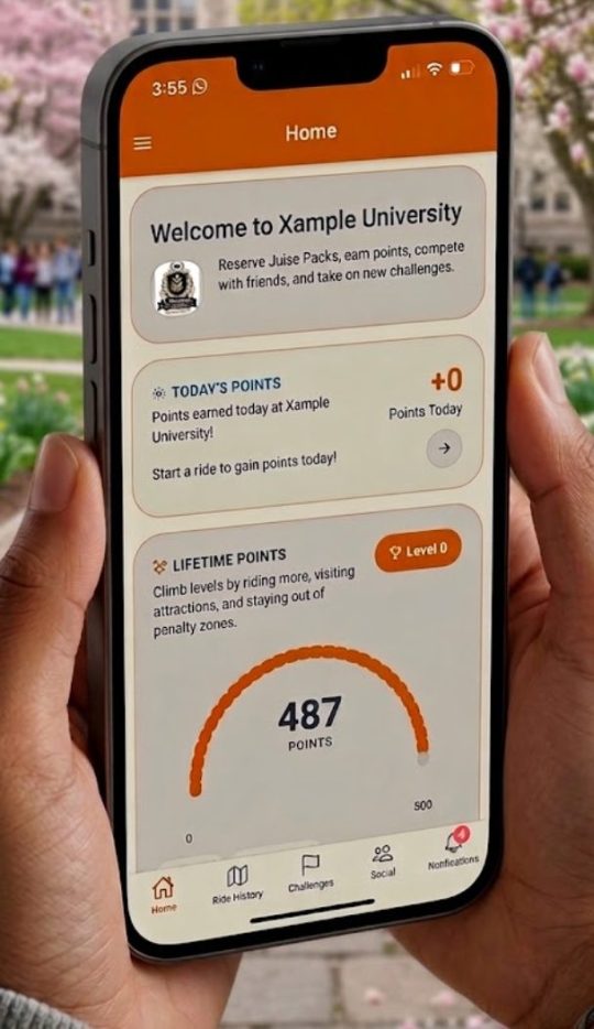 Phone showing the Juise rider app home screen with points balance and charge level